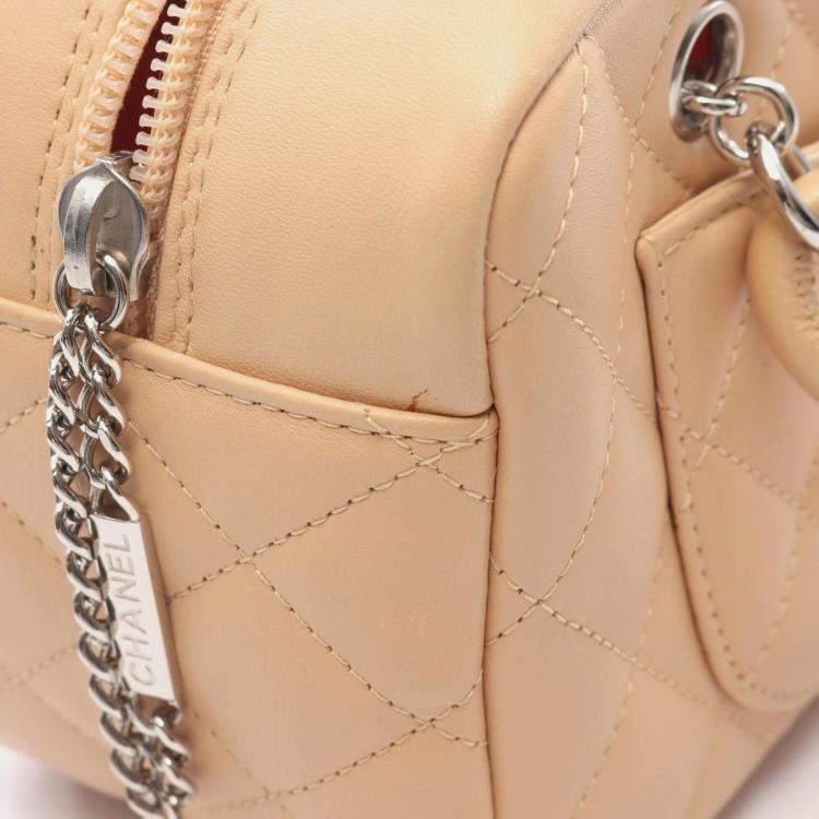 Pre Owned Chanel Cambon Mini Bowling Bag Handbag Leather Patent Beige