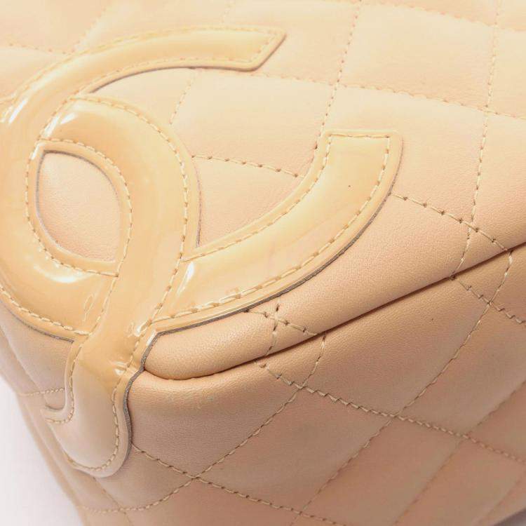 Pre Owned Chanel Cambon Mini Bowling Bag Handbag Leather Patent Beige
