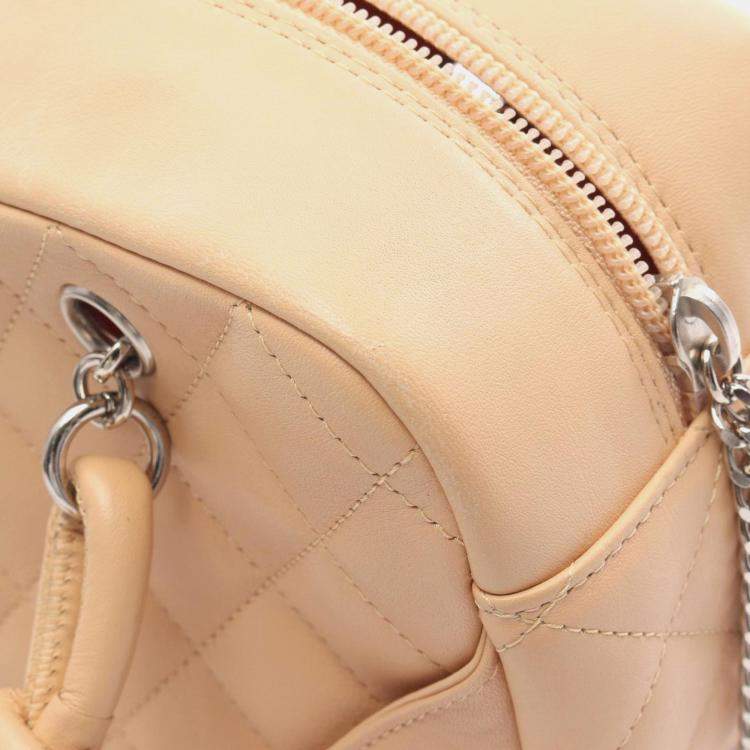 Pre Owned Chanel Cambon Mini Bowling Bag Handbag Leather Patent Beige