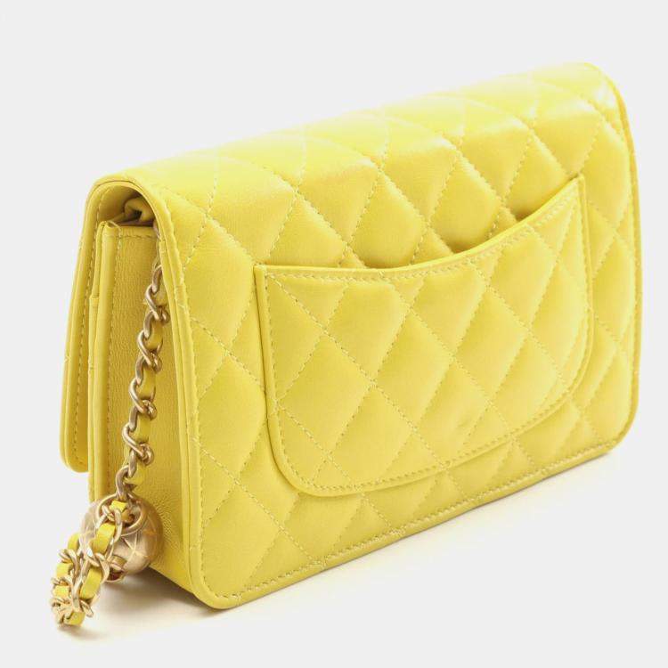 Pre Owned Chanel Matelasse Shoulder Bag Lambskin Leather Yellow
