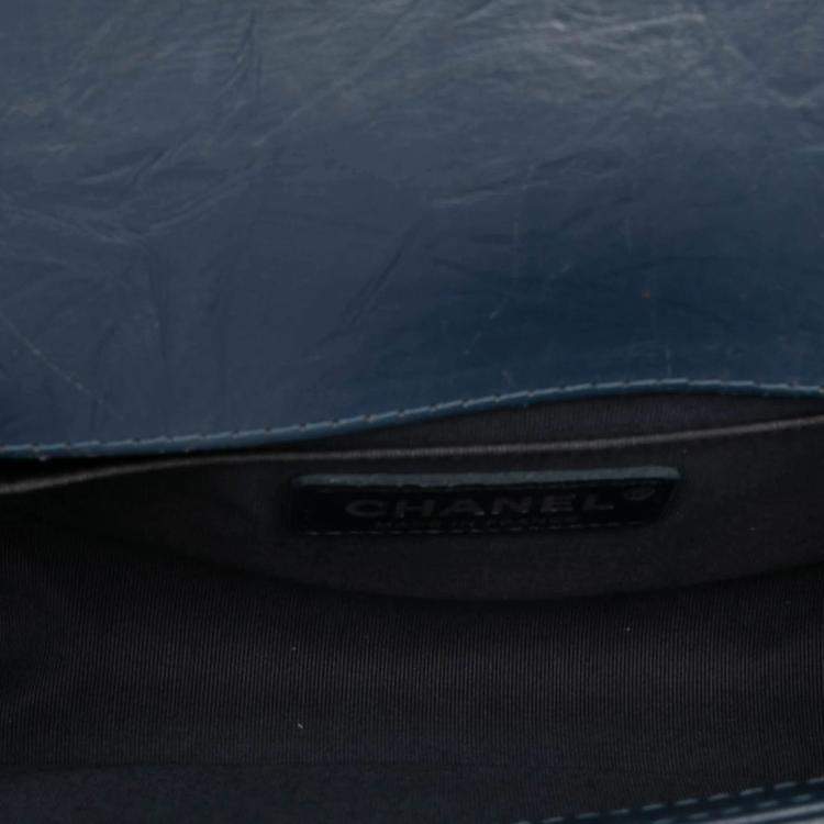 Pre Owned Chanel Chevron Coco Mark Boy Chain Shoulder Bag Blue Lambskin