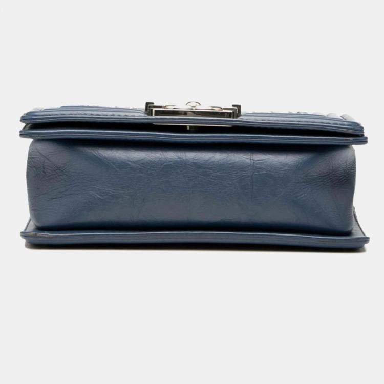 Pre Owned Chanel Chevron Coco Mark Boy Chain Shoulder Bag Blue Lambskin