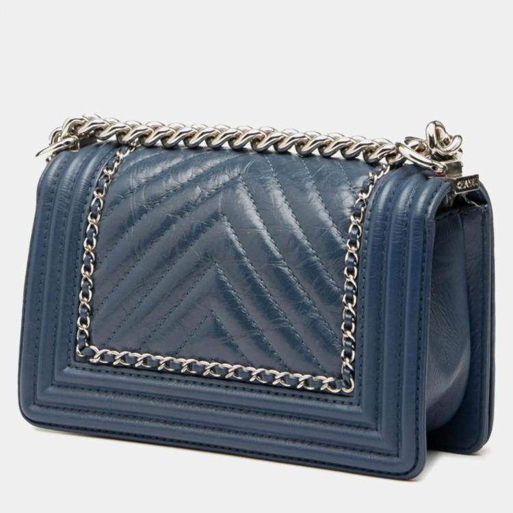 Pre Owned Chanel Chevron Coco Mark Boy Chain Shoulder Bag Blue Lambskin