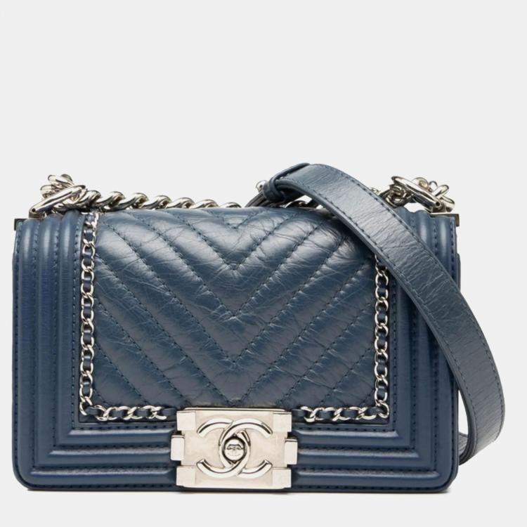 Pre Owned Chanel Chevron Coco Mark Boy Chain Shoulder Bag Blue Lambskin