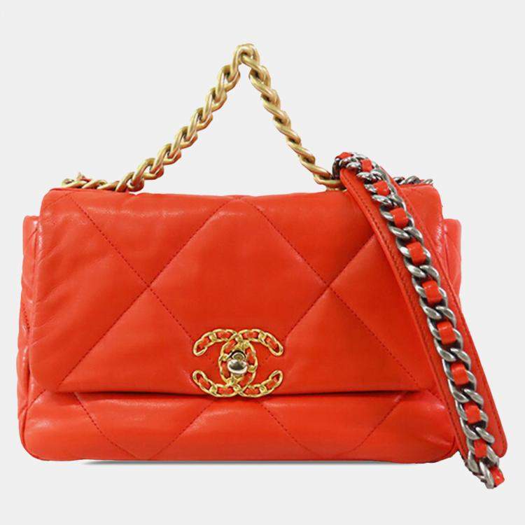 Pre Owned Chanel Orange Medium Lambskin 19 Flap