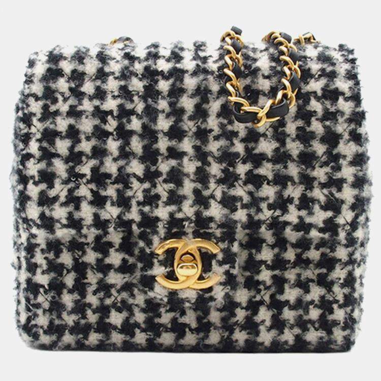 Pre Owned Chanel Black White Mini Square Quilted Tweed Houndstooth Straight Single Flap