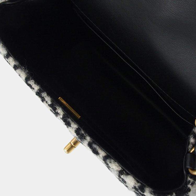 Pre Owned Chanel Black White Mini Square Quilted Tweed Houndstooth Straight Single Flap