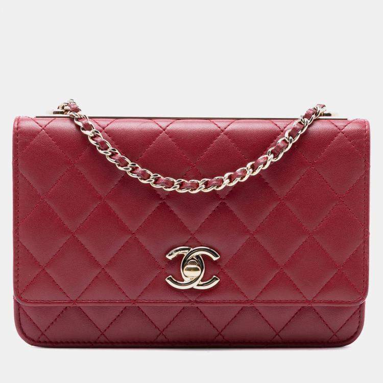 Pre Owned Chanel Red Lambskin Trendy CC Wallet On Chain