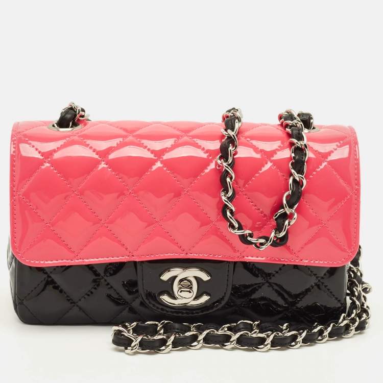 Pre Owned Chanel Classic Single Flap Mini Black/Pink Quilted Patent Leather Bag