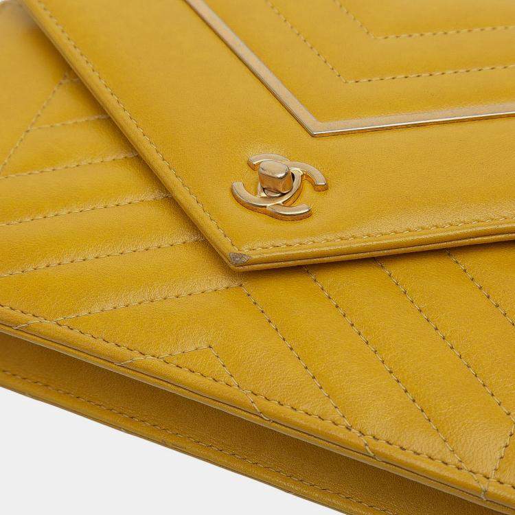 Pre Owned Chanel Yellow Small Reversed Chevron Lambskin Flap