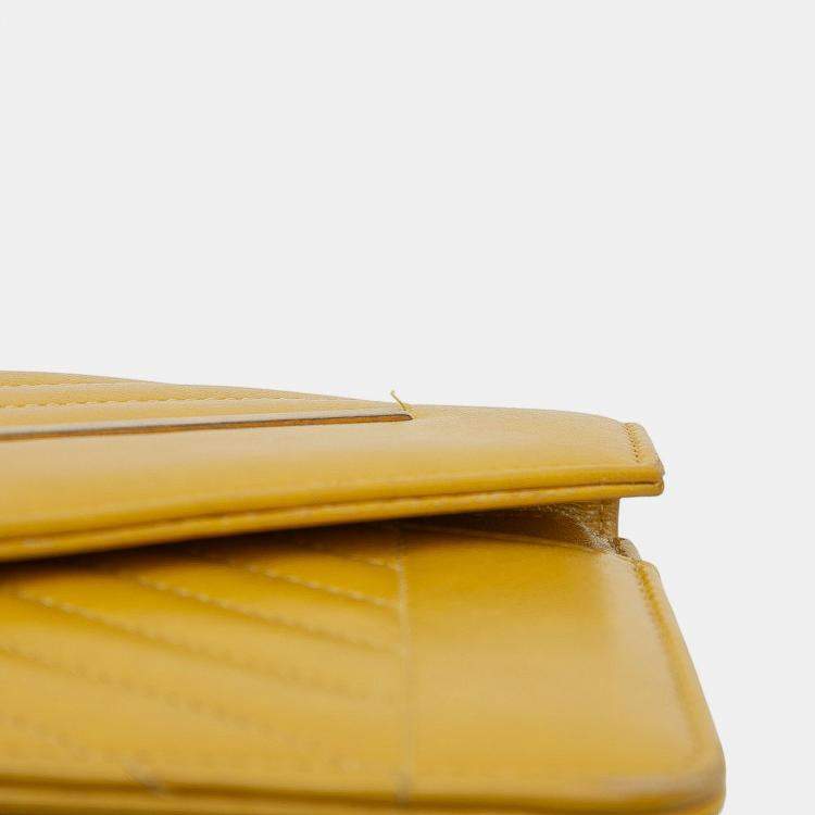 Pre Owned Chanel Yellow Small Reversed Chevron Lambskin Flap