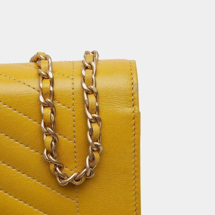 Pre Owned Chanel Yellow Small Reversed Chevron Lambskin Flap