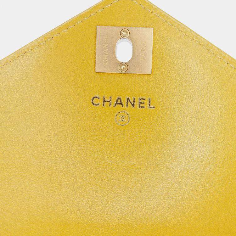 Pre Owned Chanel Yellow Small Reversed Chevron Lambskin Flap