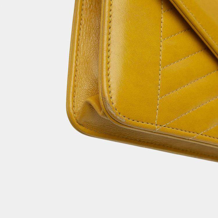 Pre Owned Chanel Yellow Small Reversed Chevron Lambskin Flap