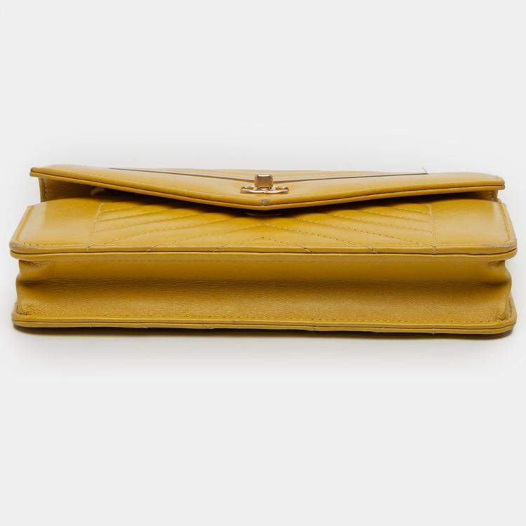 Pre Owned Chanel Yellow Small Reversed Chevron Lambskin Flap