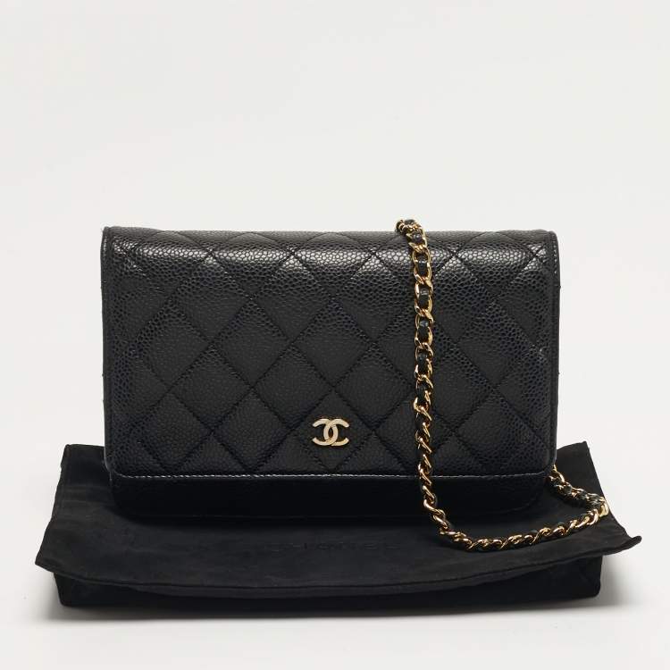 Pre Owned Chanel CC Black Caviar Quilted Leather Wallet On Chain