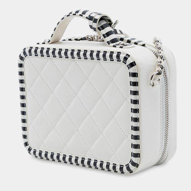 Pre Owned Chanel White Small Caviar Striped CC Filigree Vanity Case