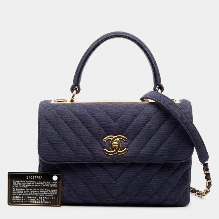 Pre Owned Chanel Blue Small Chevron Jersey Trendy CC Top Handle Flap
