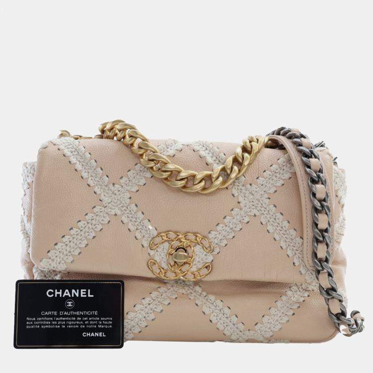 Pre Owned Chanel Brown White Medium Crochet Calfskin 19 Flap