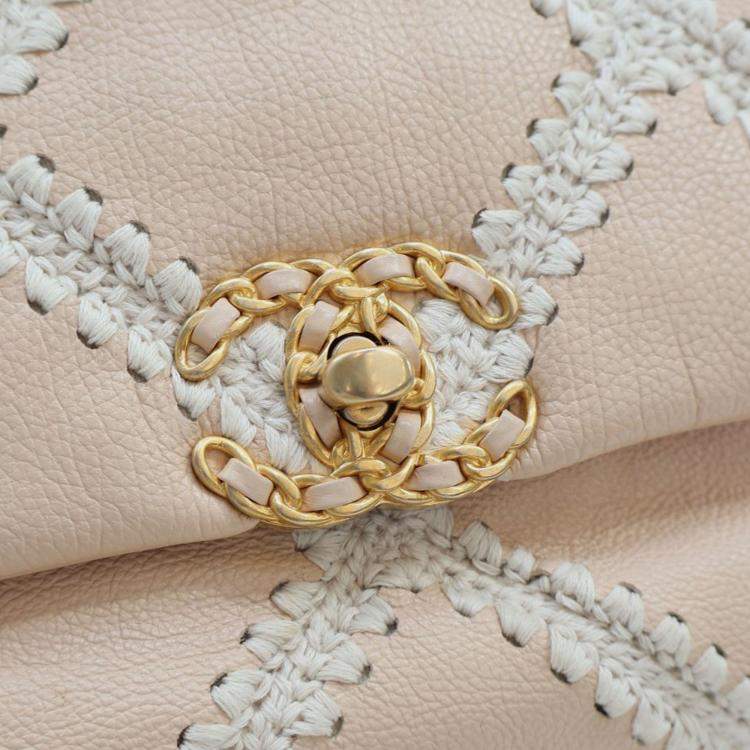 Pre Owned Chanel Brown White Medium Crochet Calfskin 19 Flap