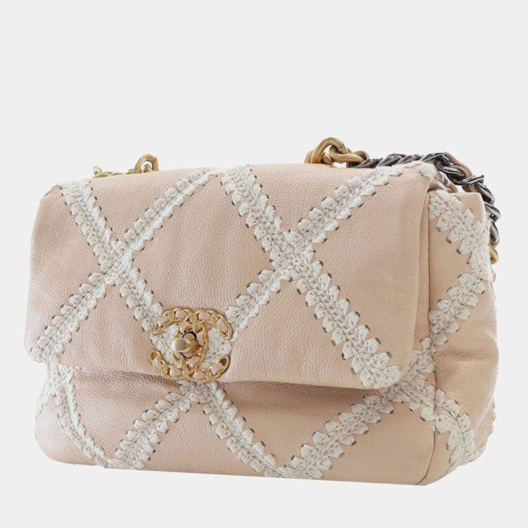 Pre Owned Chanel Brown White Medium Crochet Calfskin 19 Flap