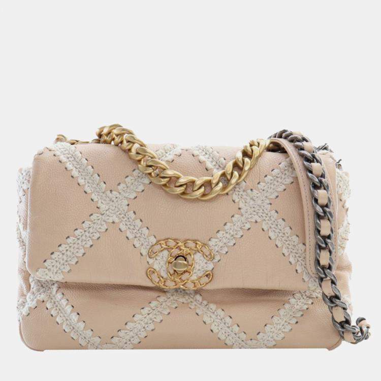 Pre Owned Chanel Brown White Medium Crochet Calfskin 19 Flap