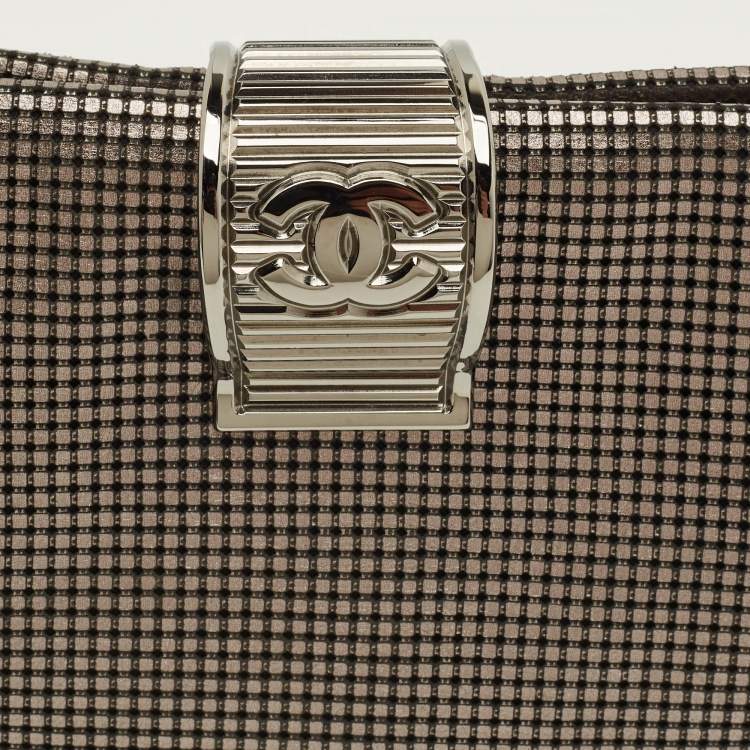 Pre Owned Chanel CC Fold Over Silver Chainmail Leather Clutch