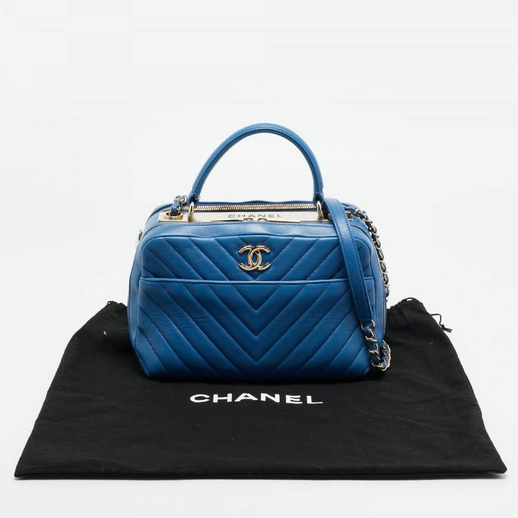 Pre Owned Chanel Trendy CC Medium Blue Chevron Leather Bowling Bag