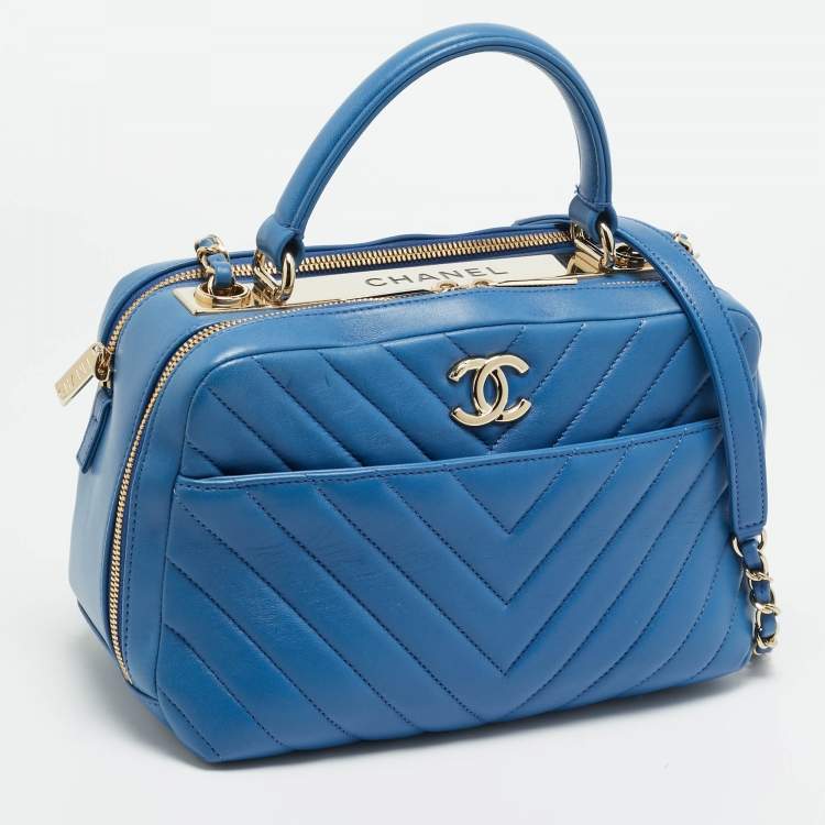 Pre Owned Chanel Trendy CC Medium Blue Chevron Leather Bowling Bag