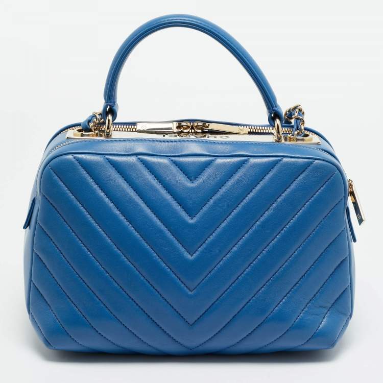 Pre Owned Chanel Trendy CC Medium Blue Chevron Leather Bowling Bag