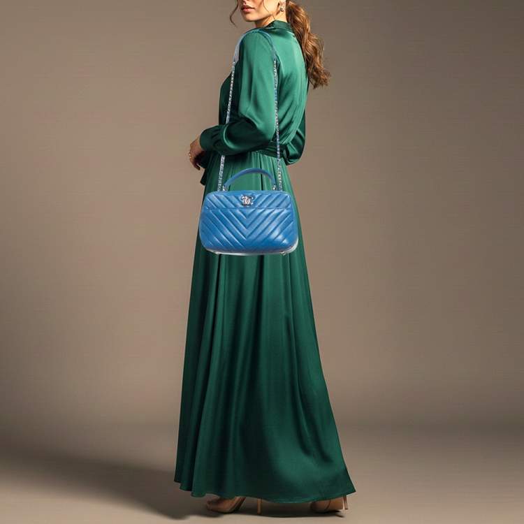 Pre Owned Chanel Trendy CC Medium Blue Chevron Leather Bowling Bag