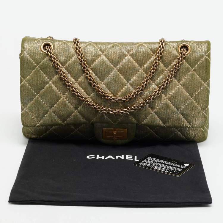 Pre Owned Chanel Reissue 2.55 227 Green/Gold Shimmering Quilted Denim Flap Bag