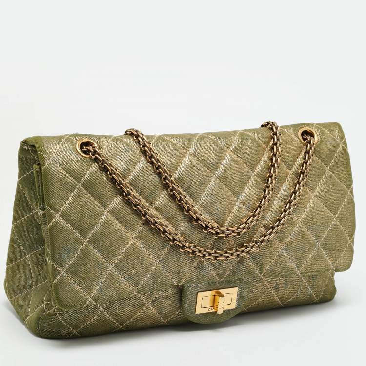 Pre Owned Chanel Reissue 2.55 227 Green/Gold Shimmering Quilted Denim Flap Bag