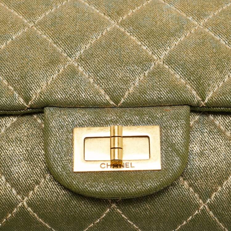 Pre Owned Chanel Reissue 2.55 227 Green/Gold Shimmering Quilted Denim Flap Bag