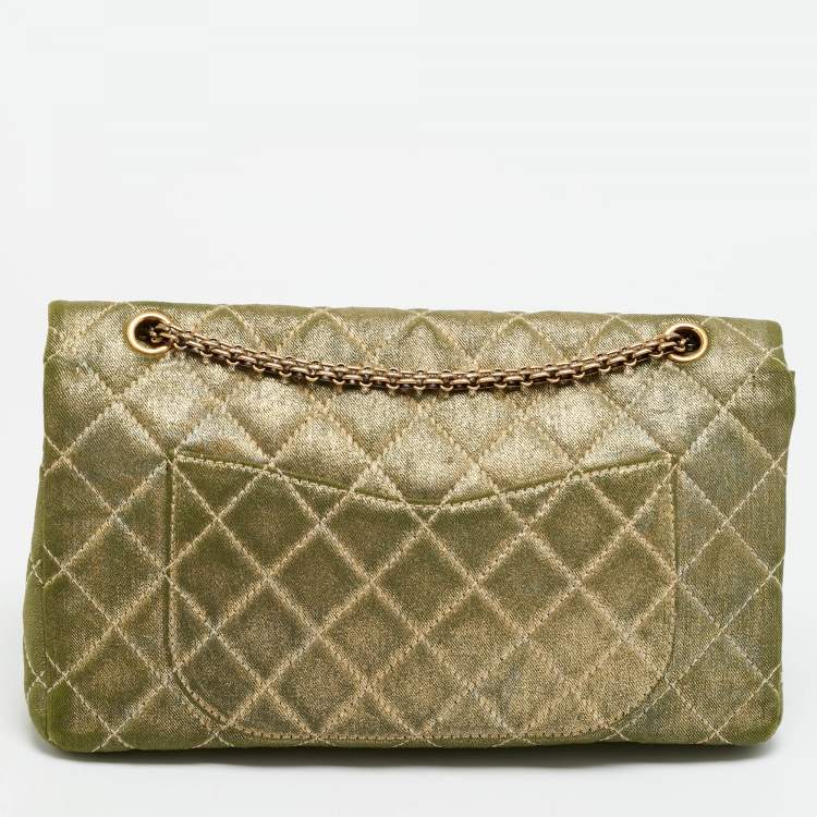 Pre Owned Chanel Reissue 2.55 227 Green/Gold Shimmering Quilted Denim Flap Bag