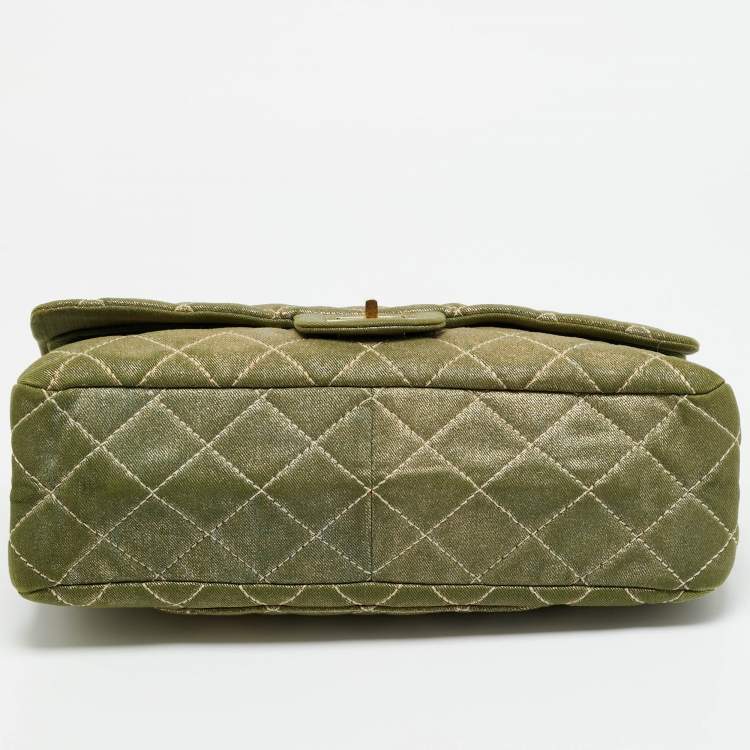 Pre Owned Chanel Reissue 2.55 227 Green/Gold Shimmering Quilted Denim Flap Bag
