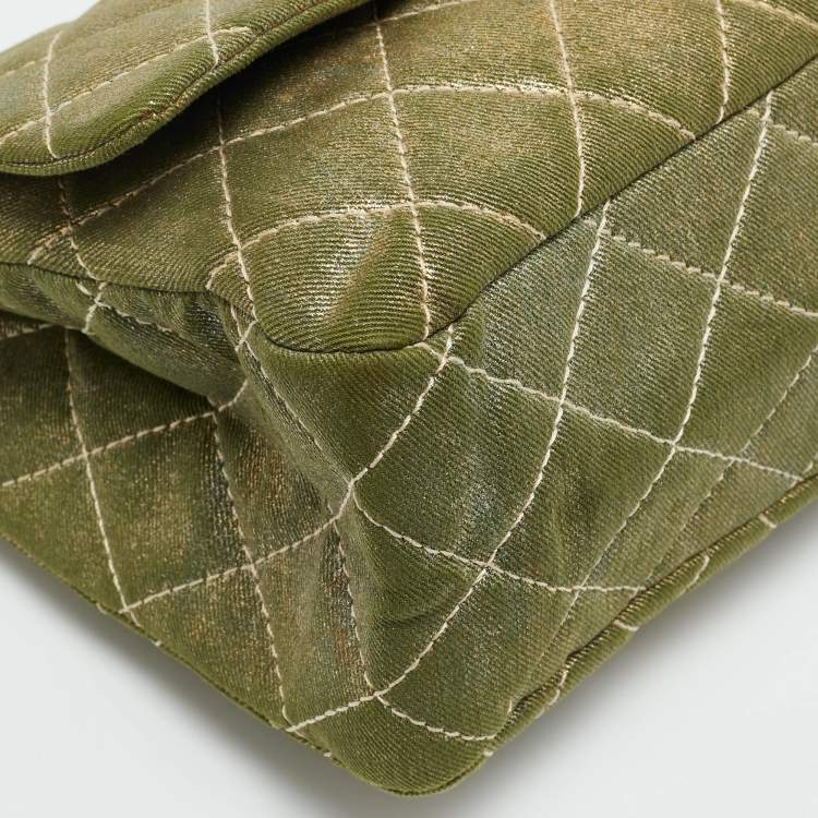 Pre Owned Chanel Reissue 2.55 227 Green/Gold Shimmering Quilted Denim Flap Bag