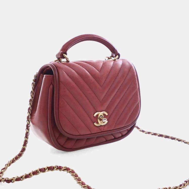 Pre Owned Chanel Mini Red Lambskin Reversed Round Flap Bag