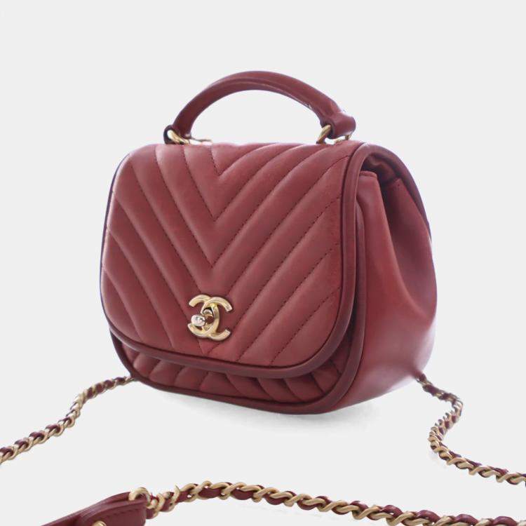 Pre Owned Chanel Mini Red Lambskin Reversed Round Flap Bag
