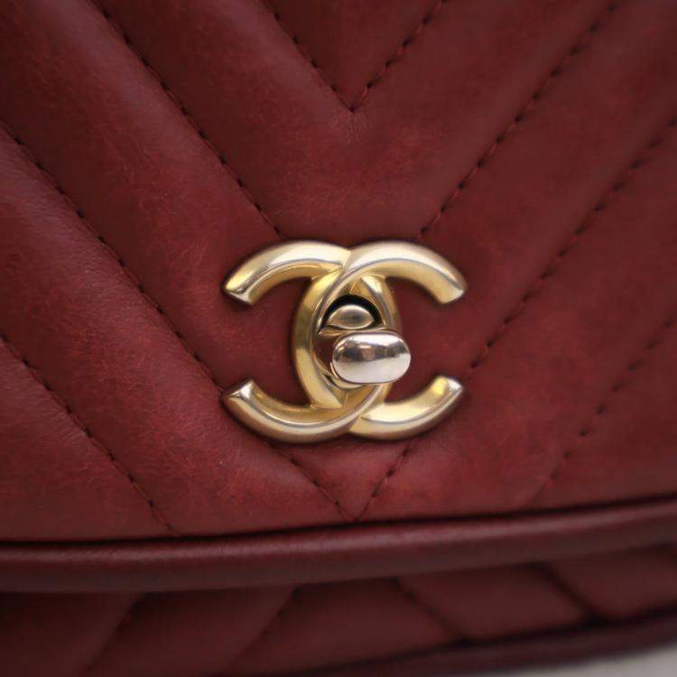 Pre Owned Chanel Mini Red Lambskin Reversed Round Flap Bag