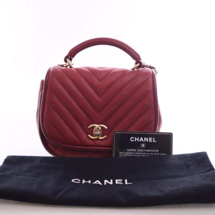 Pre Owned Chanel Mini Red Lambskin Reversed Round Flap Bag