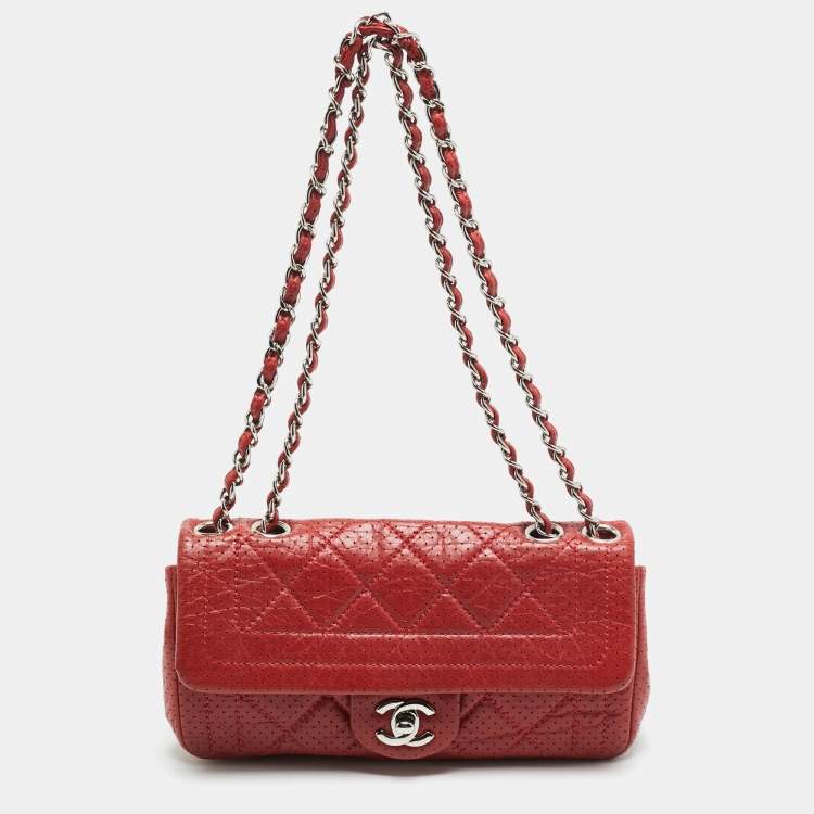 Pre Owned Chanel CC Red Perforated Quilted Leather Flap Bag