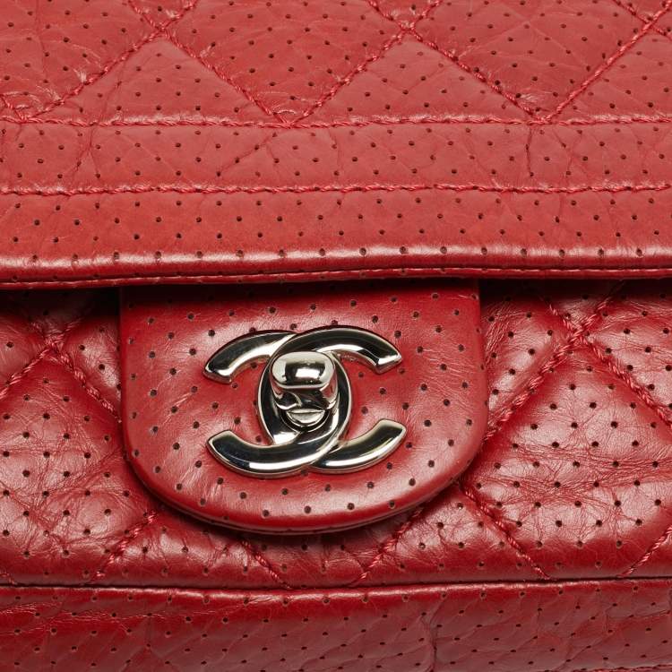Pre Owned Chanel CC Red Perforated Quilted Leather Flap Bag