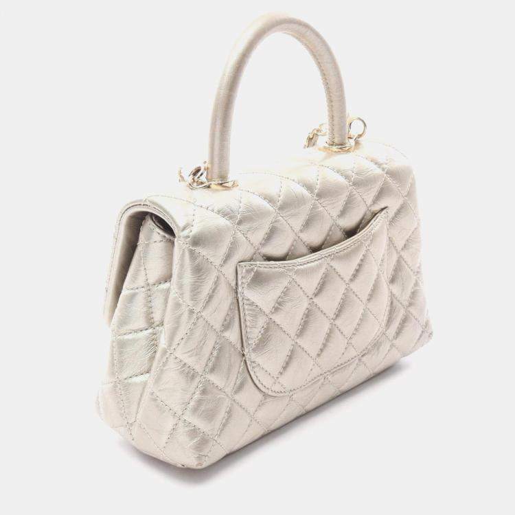 Pre Owned Chanel Coco Handle Flap Matelasse Handbag Leather Silver