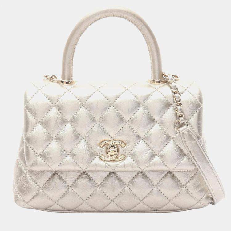Pre Owned Chanel Coco Handle Flap Matelasse Handbag Leather Silver