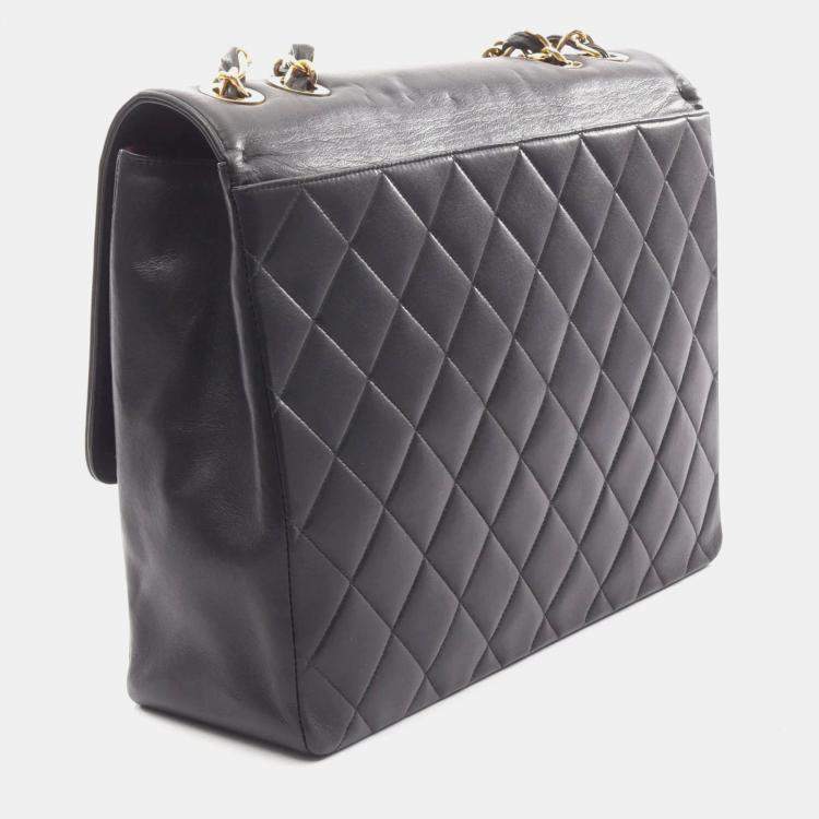 Pre Owned Chanel Coco Mark Large Black Lambskin Leather Shoulder Bag