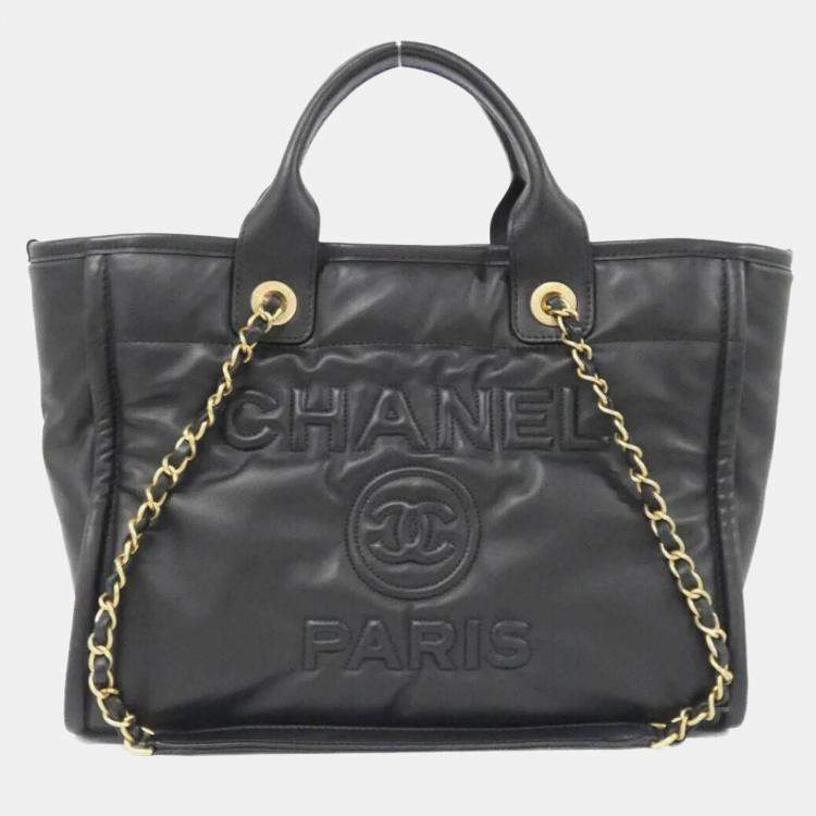 Pre Owned Chanel Deauville Black Leather Tote Bag