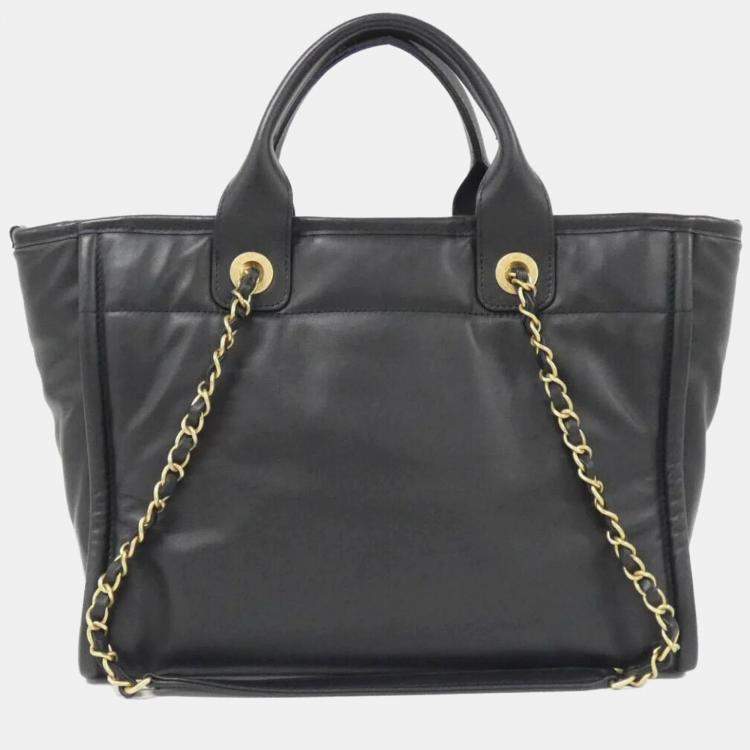 Pre Owned Chanel Deauville Black Leather Tote Bag