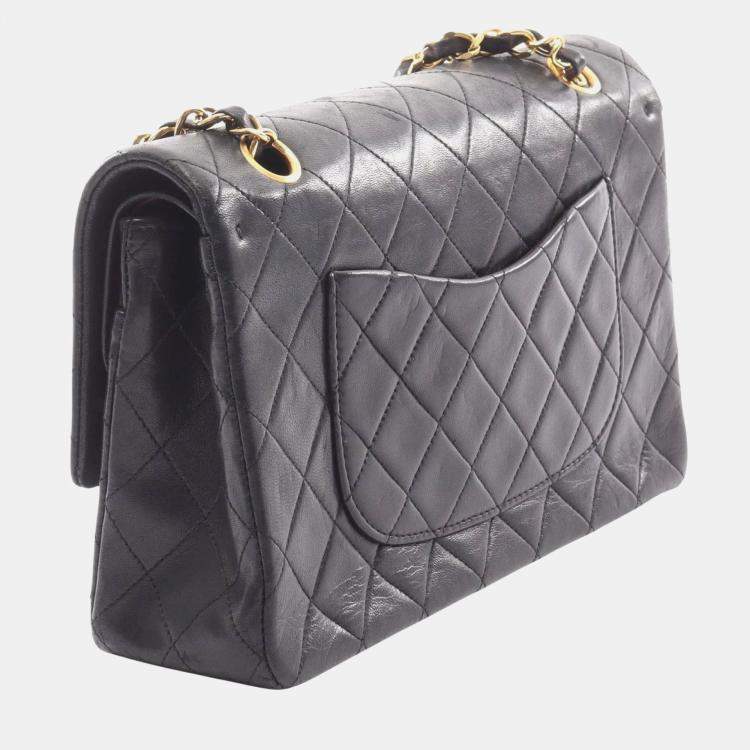 Pre Owned Chanel Classic Double Flap Black Lambskin Leather Shoulder Bag