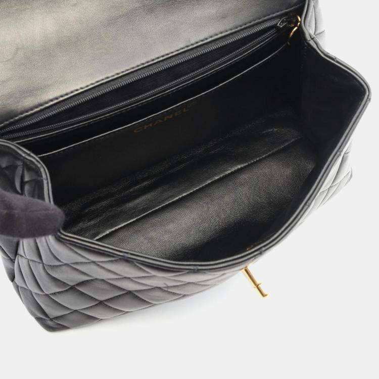 Pre Owned Chanel Matelasse Black Lambskin Leather Top Handle Bag